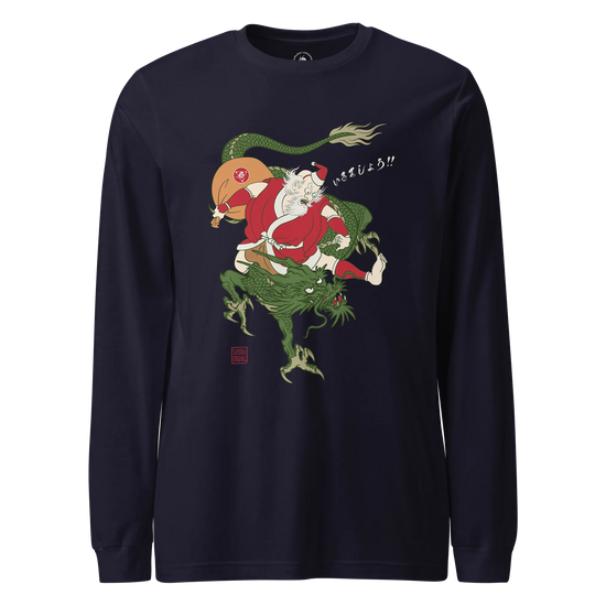 Santa Rides Dragon Japanese Ukiyo-e Unisex Long Sleeve Tee Navy - Samurai Original