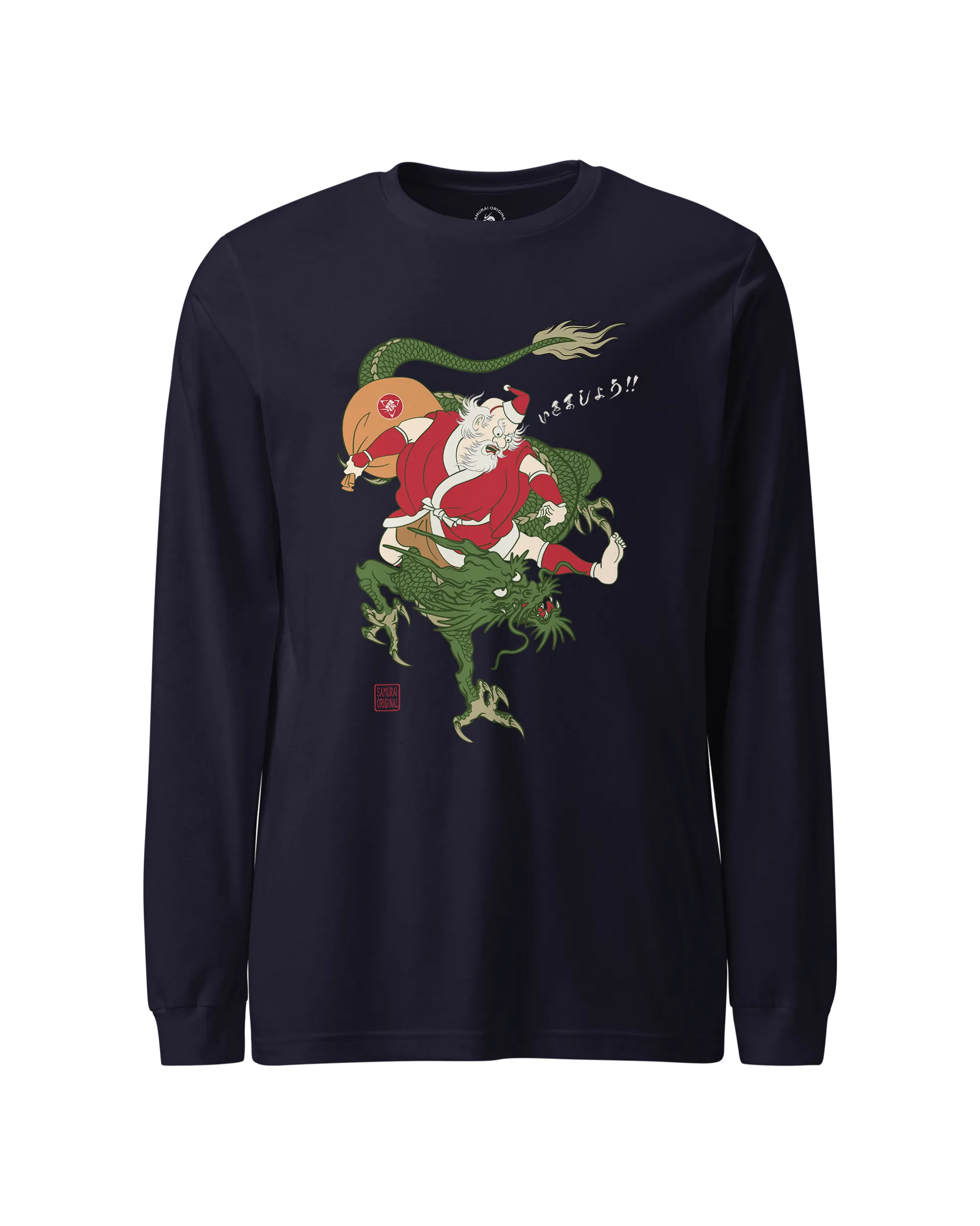 Santa Rides Dragon Japanese Ukiyo-e Unisex Long Sleeve Tee Navy - Samurai Original