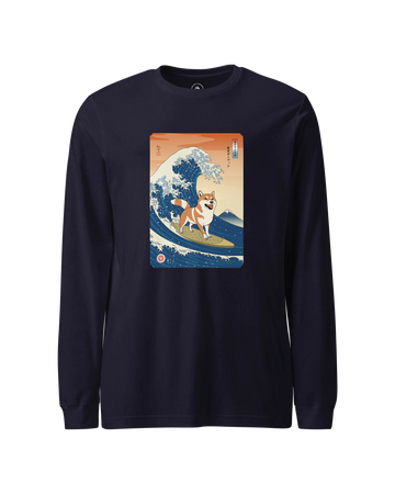 Shiba Inu Dog Surfing Ukiyo-e Unisex Long Sleeve Tee