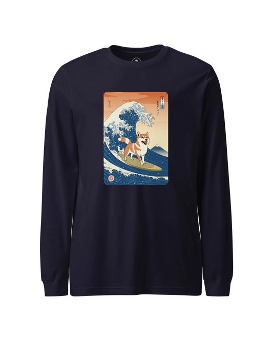 Shiba Inu Dog Surfing Ukiyo-e Unisex Long Sleeve Tee