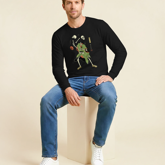 Halloween Samurai Skeleton Juggling Japanese Ukiyo-e Unisex Long Sleeve Tee - Samurai Original