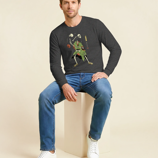 Halloween Samurai Skeleton Juggling Japanese Ukiyo-e Unisex Long Sleeve Tee - Samurai Original