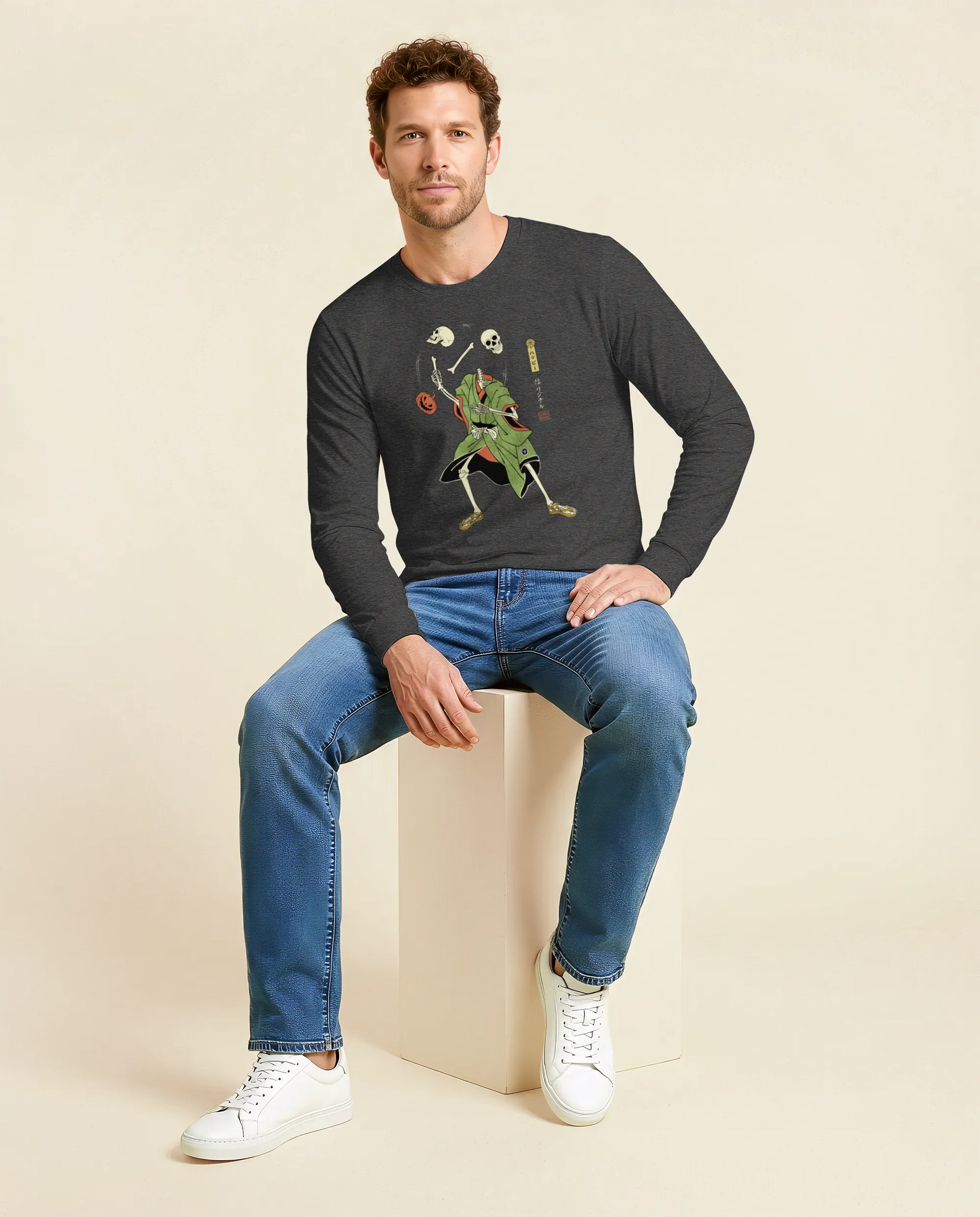 Halloween Samurai Skeleton Juggling Japanese Ukiyo-e Unisex Long Sleeve Tee - Samurai Original