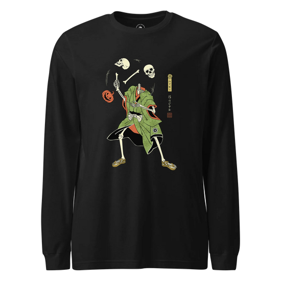 Halloween Samurai Skeleton Juggling Japanese Ukiyo-e Unisex Long Sleeve Tee Black - Samurai Original