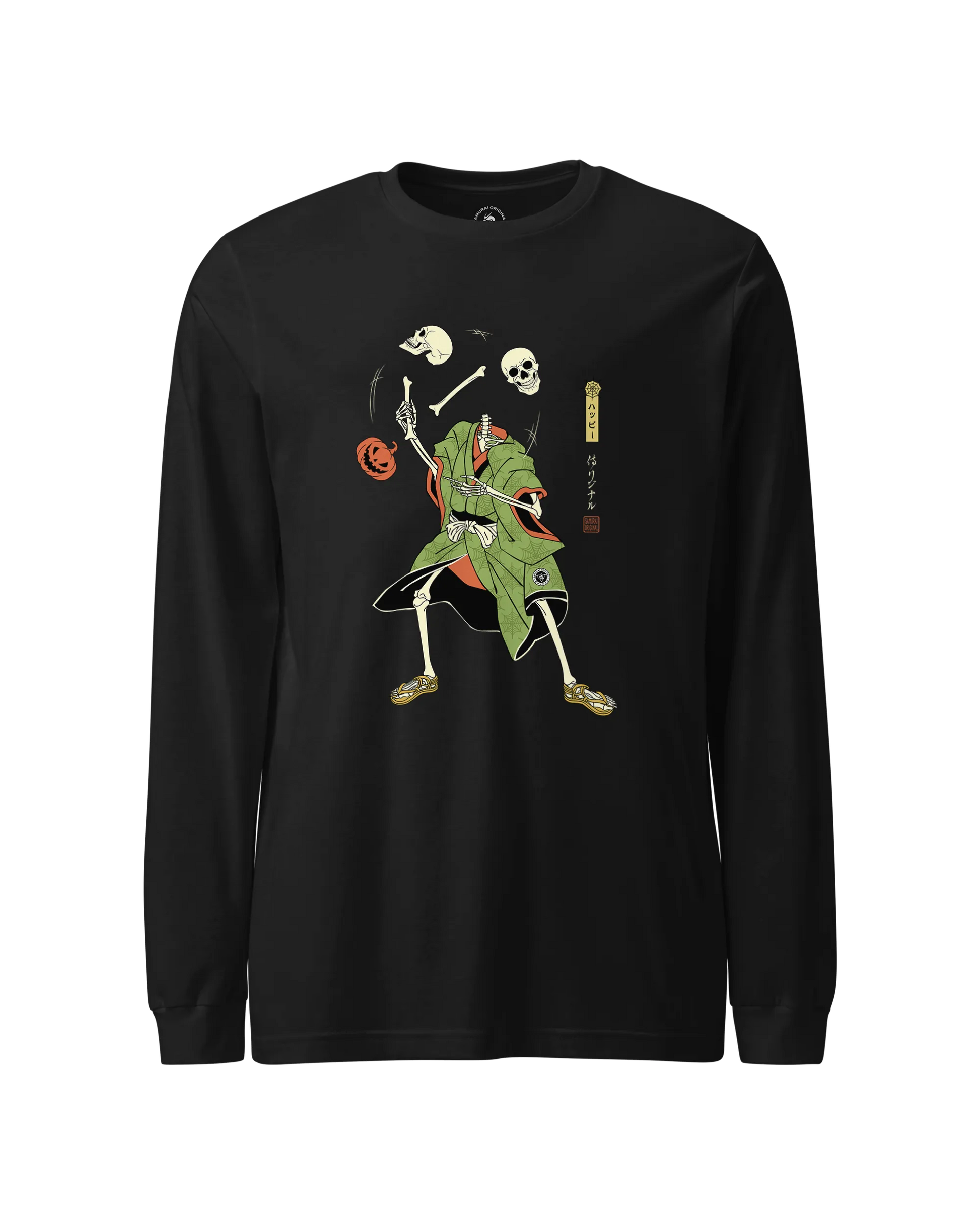 Halloween Samurai Skeleton Juggling Japanese Ukiyo-e Unisex Long Sleeve Tee Black - Samurai Original
