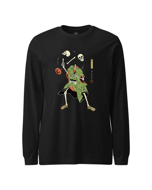 Halloween Samurai Skeleton Juggling Japanese Ukiyo-e Unisex Long Sleeve Tee Black - Samurai Original