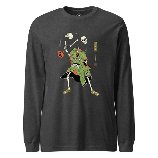 Halloween Samurai Skeleton Juggling Japanese Ukiyo-e Unisex Long Sleeve Tee Dark Grey Heather - Samurai Original