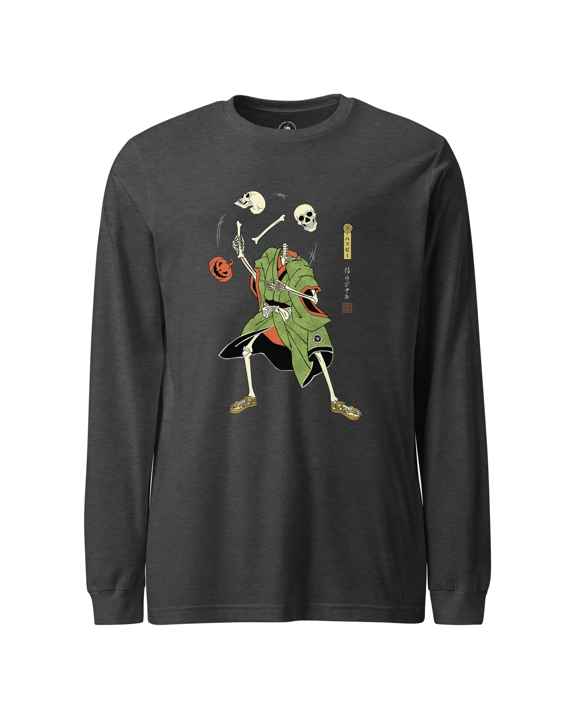 Halloween Samurai Skeleton Juggling Japanese Ukiyo-e Unisex Long Sleeve Tee Dark Grey Heather - Samurai Original