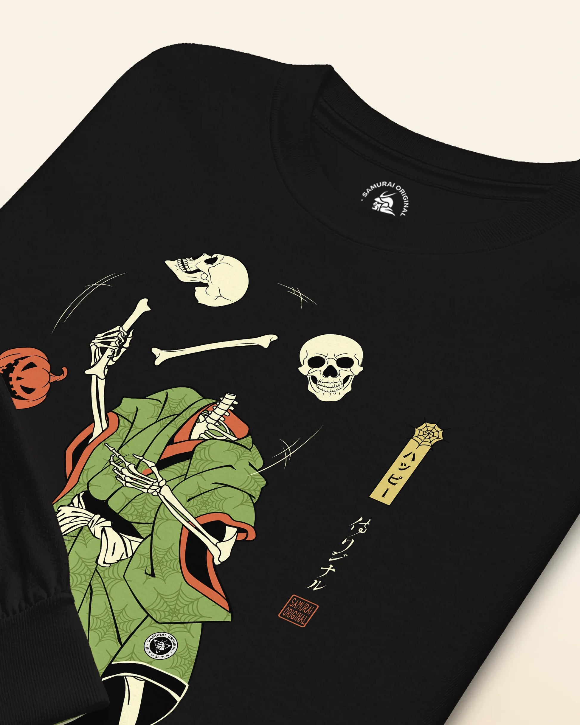 Halloween Samurai Skeleton Juggling Japanese Ukiyo-e Unisex Long Sleeve Tee - Samurai Original