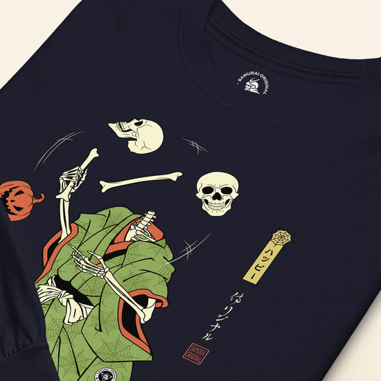 Halloween Samurai Skeleton Juggling Japanese Ukiyo-e Unisex Long Sleeve Tee - Samurai Original
