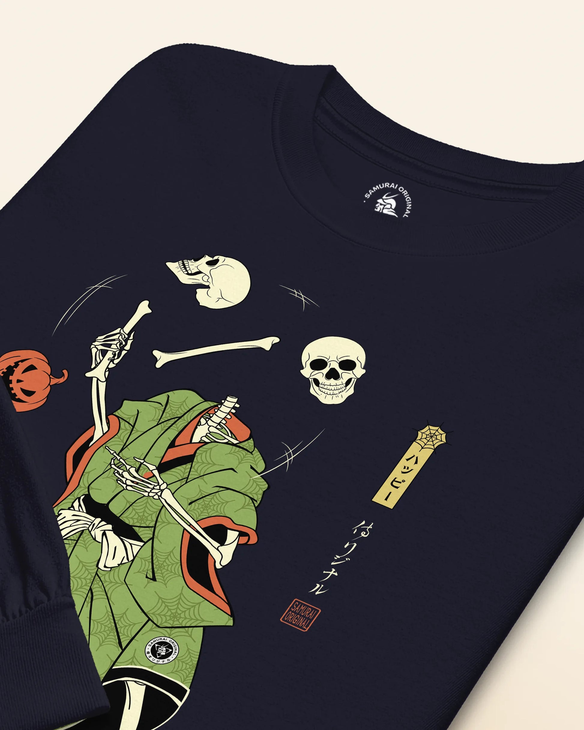 Halloween Samurai Skeleton Juggling Japanese Ukiyo-e Unisex Long Sleeve Tee - Samurai Original