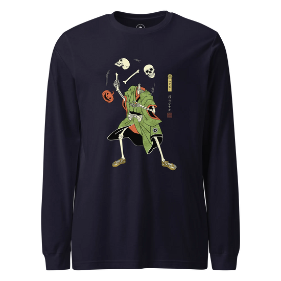 Halloween Samurai Skeleton Juggling Japanese Ukiyo-e Unisex Long Sleeve Tee Navy - Samurai Original