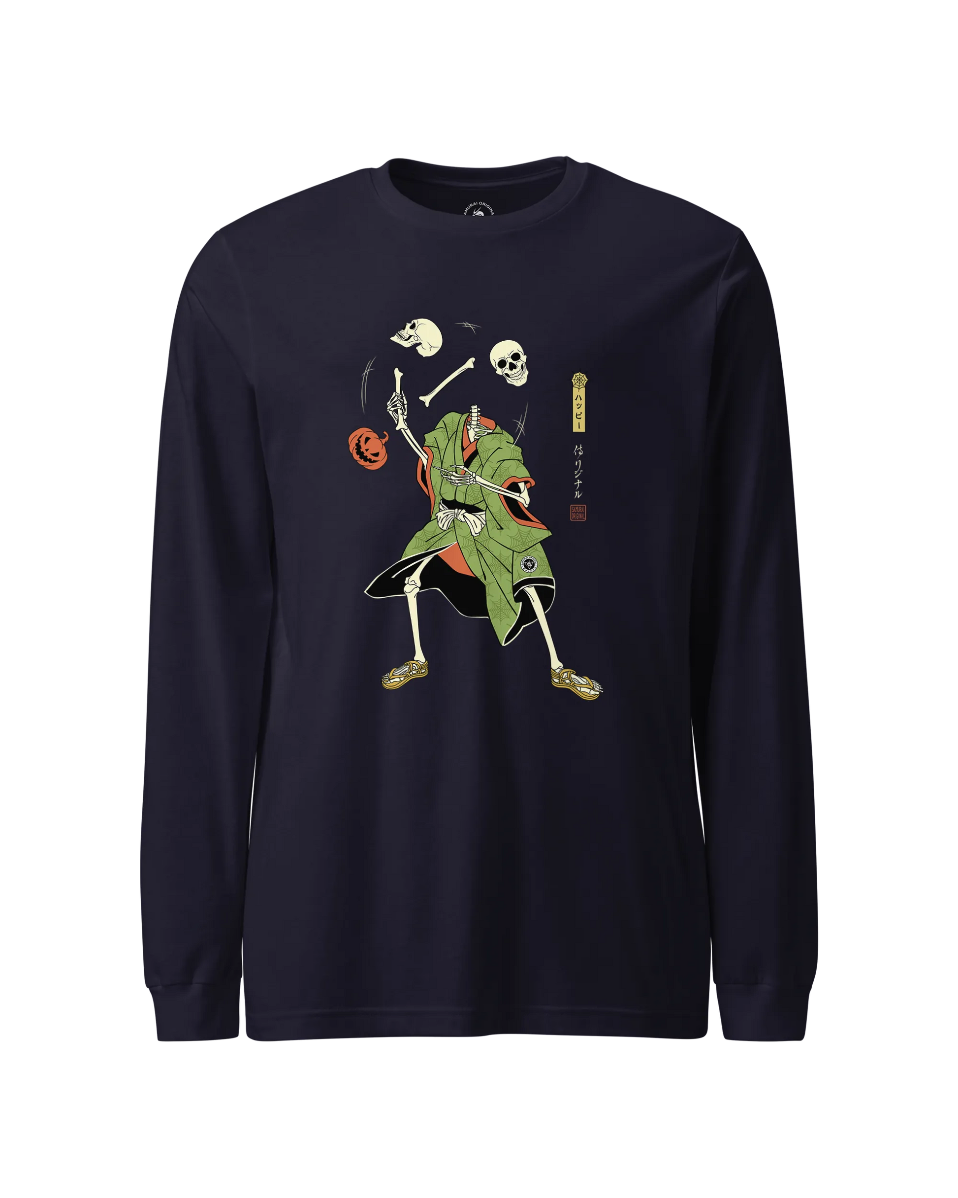 Halloween Samurai Skeleton Juggling Japanese Ukiyo-e Unisex Long Sleeve Tee Navy - Samurai Original