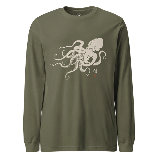 Octopus Graphic Art Unisex Long Sleeve Tee Military Green - Samurai Original
