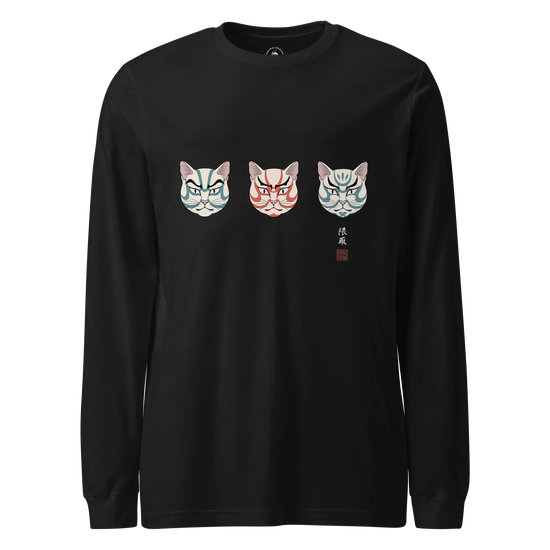 The Kabuki Neko Trio Unisex Long Sleeve Tee Black - Samurai Original