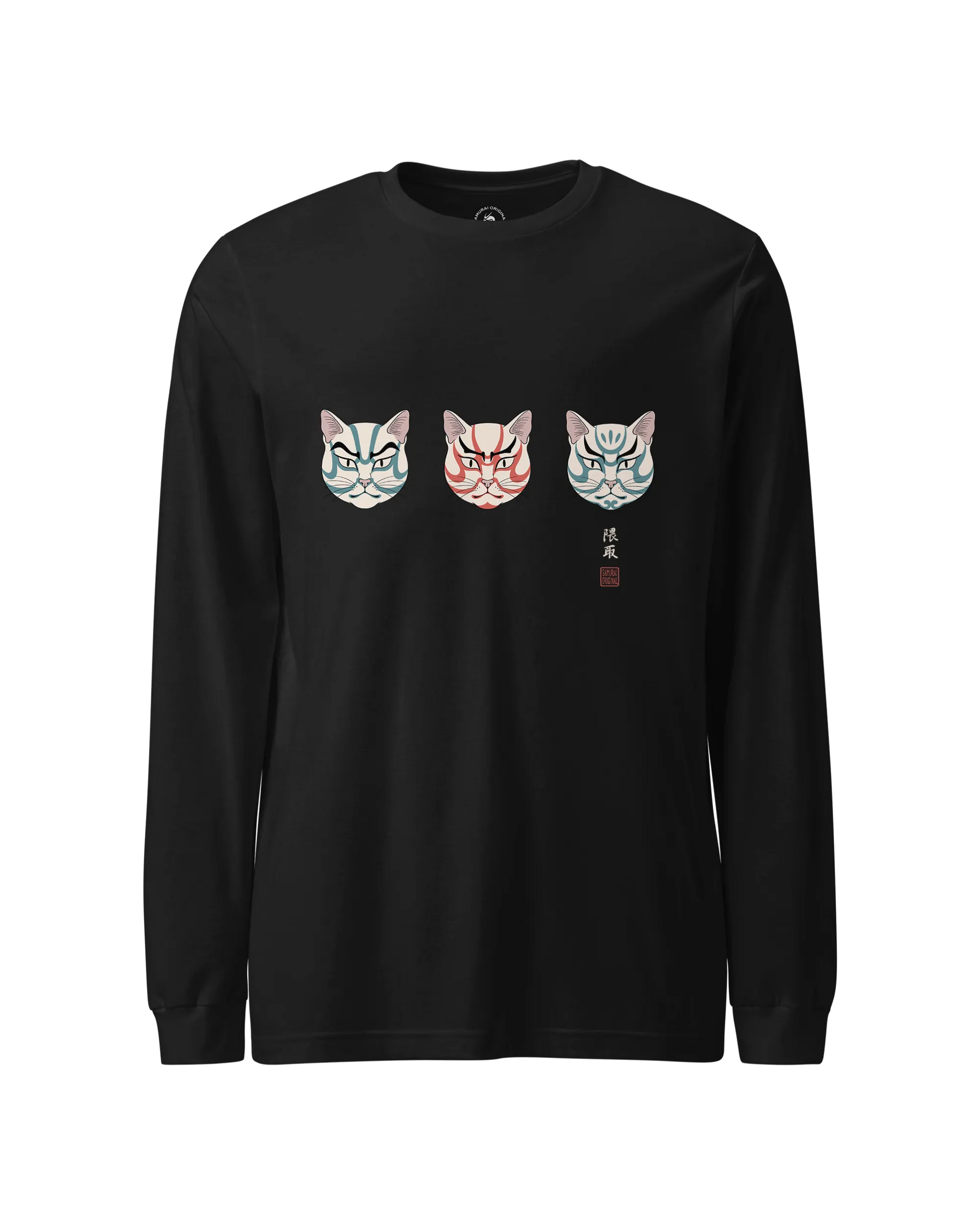 The Kabuki Neko Trio Unisex Long Sleeve Tee Black - Samurai Original