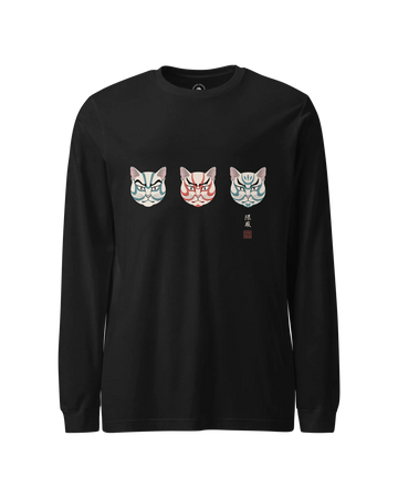 The Kabuki Neko Trio Unisex Long Sleeve Tee Black - Samurai Original