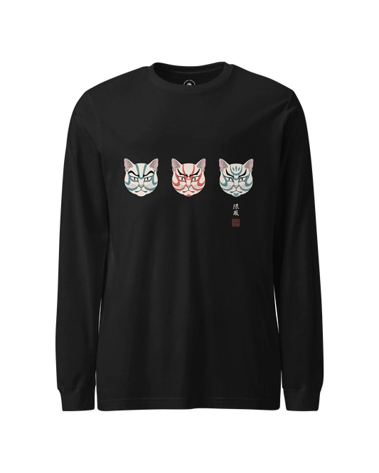 The Kabuki Neko Trio Unisex Long Sleeve Tee Black - Samurai Original