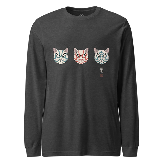 The Kabuki Neko Trio Unisex Long Sleeve Tee Dark Grey Heather - Samurai Original