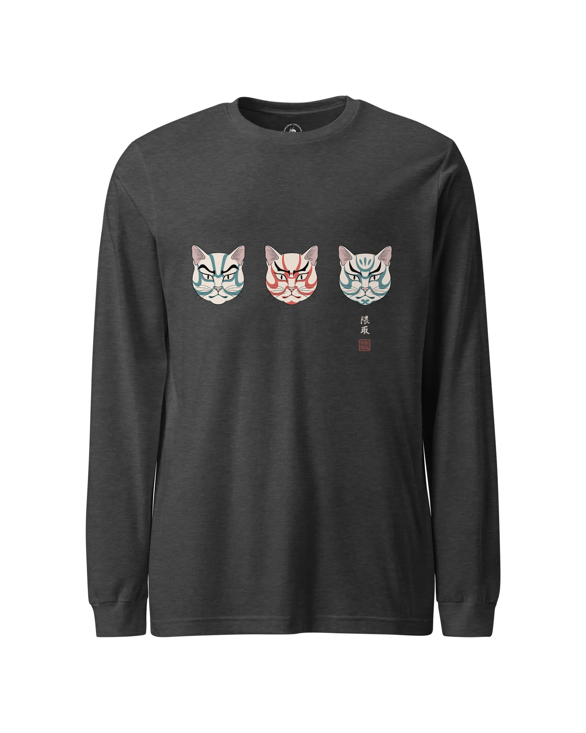 The Kabuki Neko Trio Unisex Long Sleeve Tee Dark Grey Heather - Samurai Original