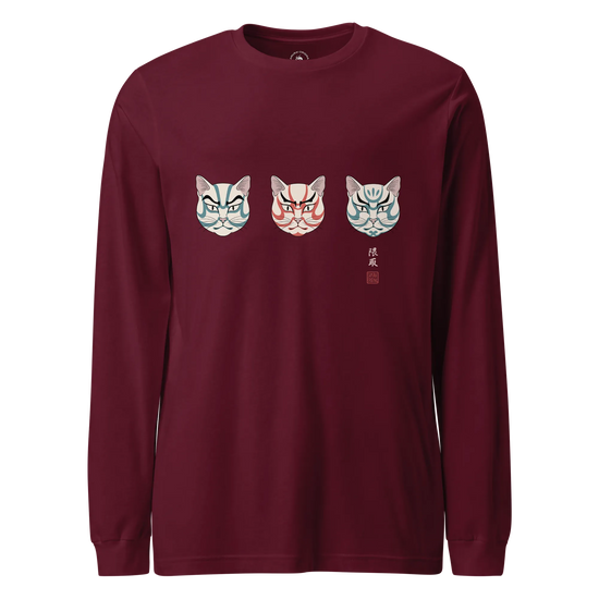 The Kabuki Neko Trio Unisex Long Sleeve Tee Maroon - Samurai Original