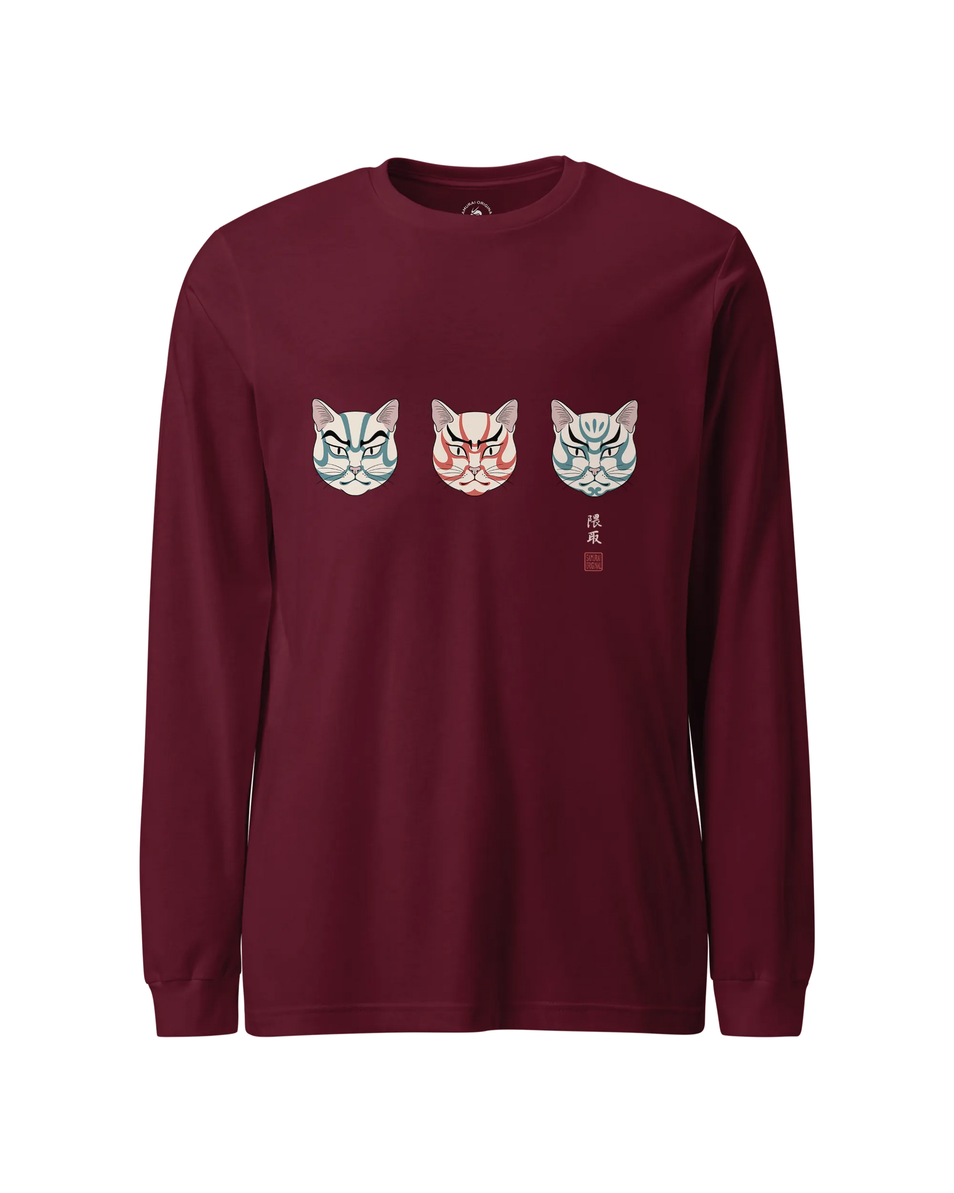 The Kabuki Neko Trio Unisex Long Sleeve Tee Maroon - Samurai Original