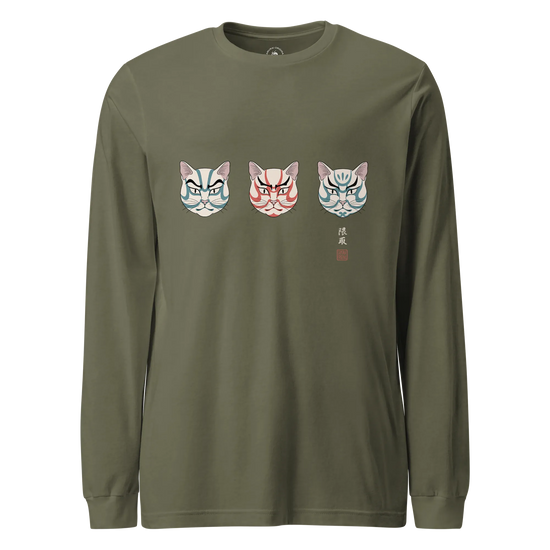 The Kabuki Neko Trio Unisex Long Sleeve Tee Military Green - Samurai Original