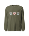 The Kabuki Neko Trio Unisex Long Sleeve Tee Military Green - Samurai Original