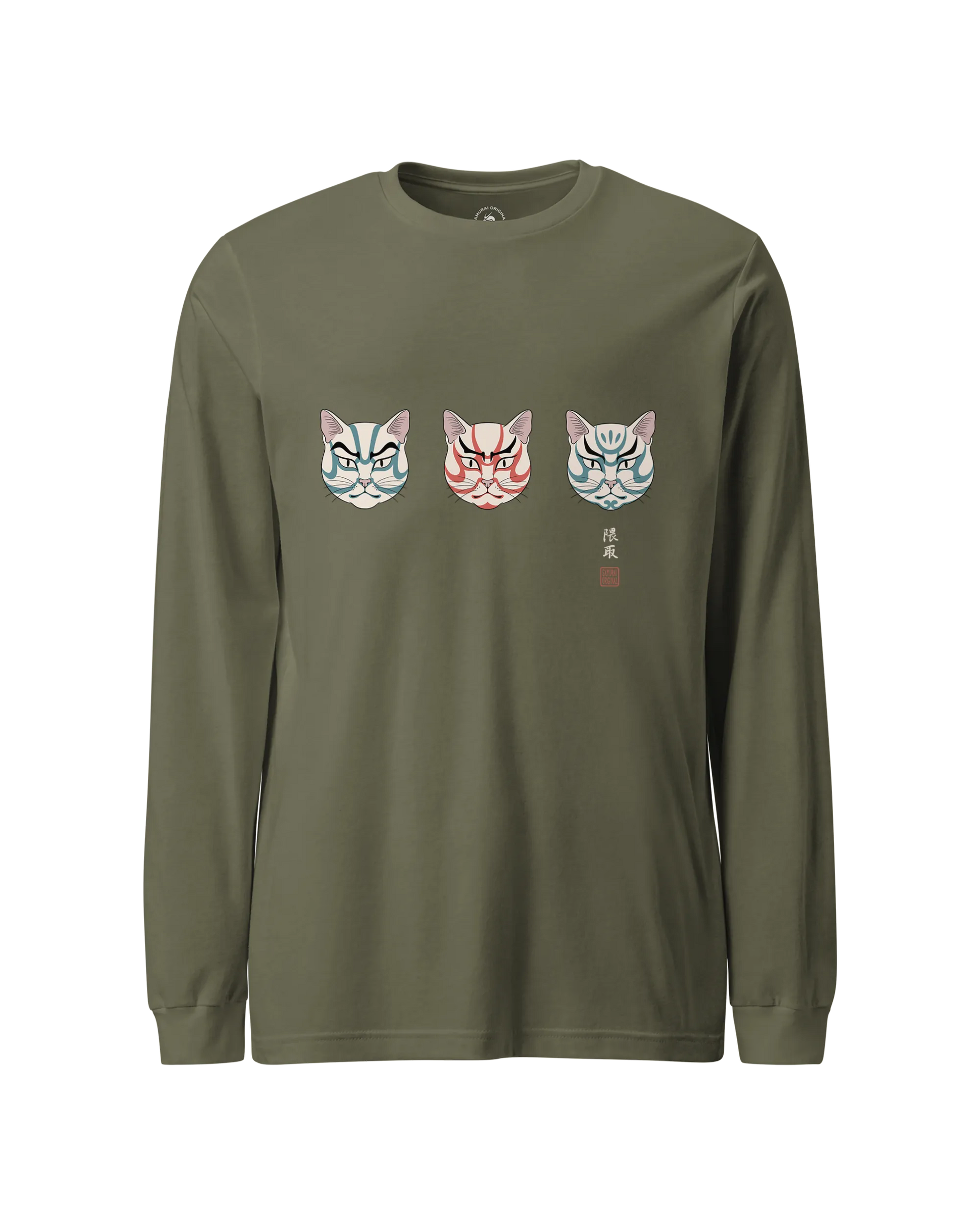 The Kabuki Neko Trio Unisex Long Sleeve Tee Military Green - Samurai Original