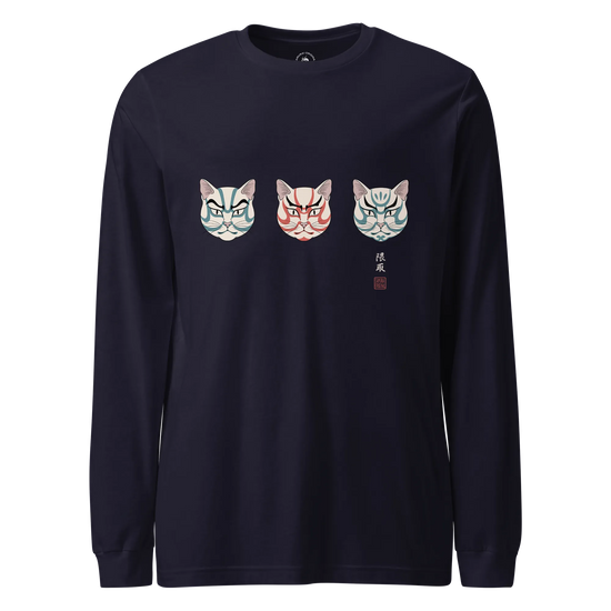 The Kabuki Neko Trio Unisex Long Sleeve Tee Navy - Samurai Original