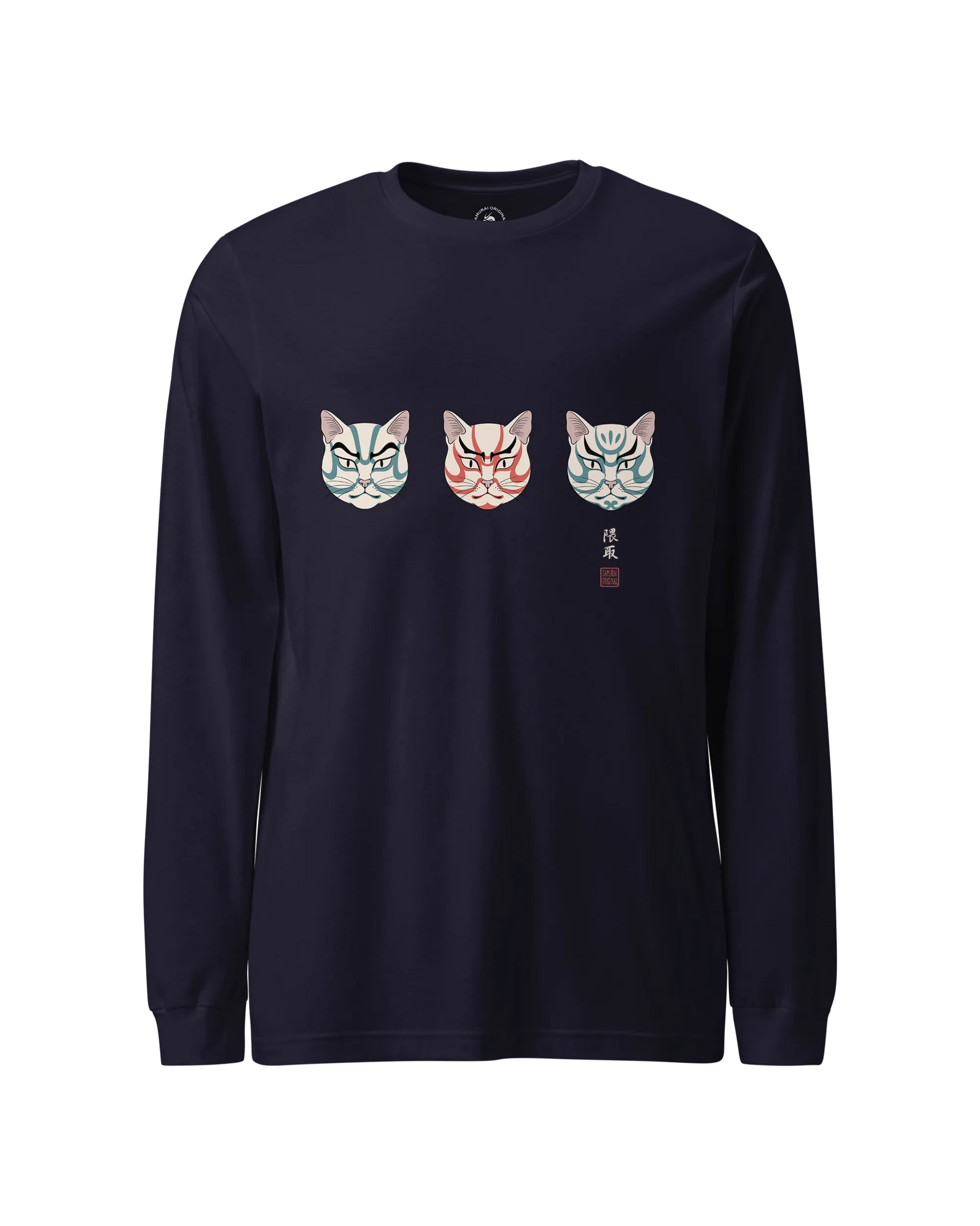 The Kabuki Neko Trio Unisex Long Sleeve Tee Navy - Samurai Original