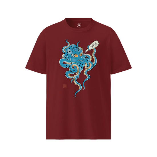 Tipsy Octopus Japanese Sake Organic T-Shirt Burgundy - Samurai Original