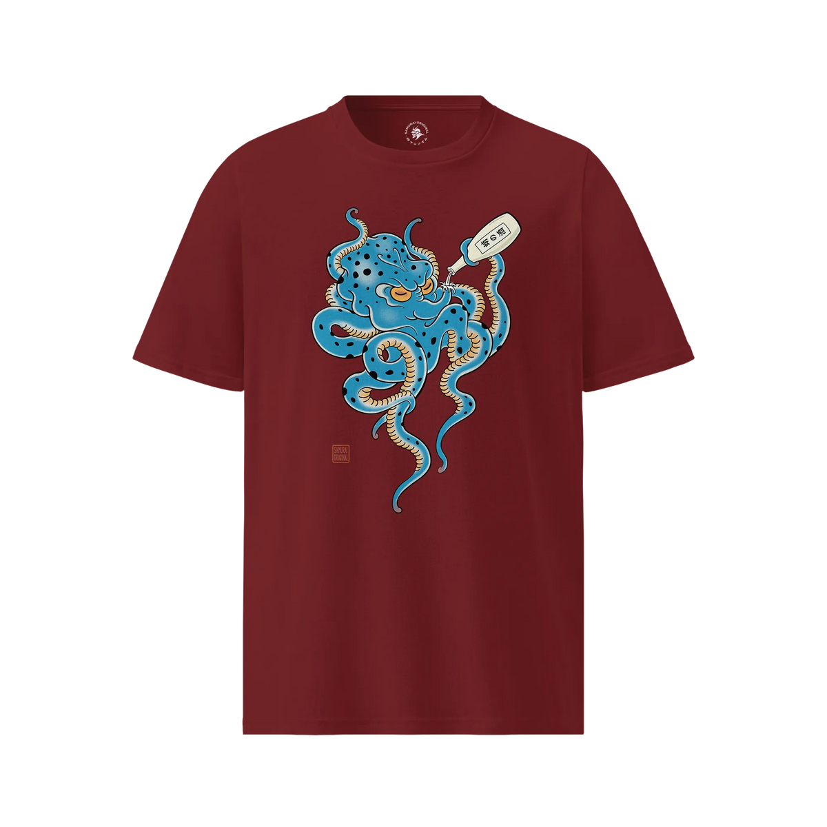 Tipsy Octopus Japanese Sake Organic T-Shirt Burgundy - Samurai Original