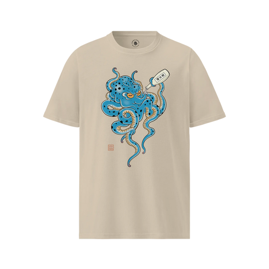 Tipsy Octopus Japanese Sake Organic T-Shirt Desert Dust - Samurai Original