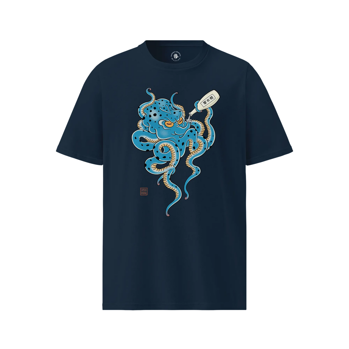 Tipsy Octopus Japanese Sake Organic T-Shirt French Navy - Samurai Original