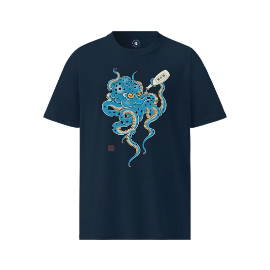 Tipsy Octopus Japanese Sake Organic T-Shirt French Navy - Samurai Original