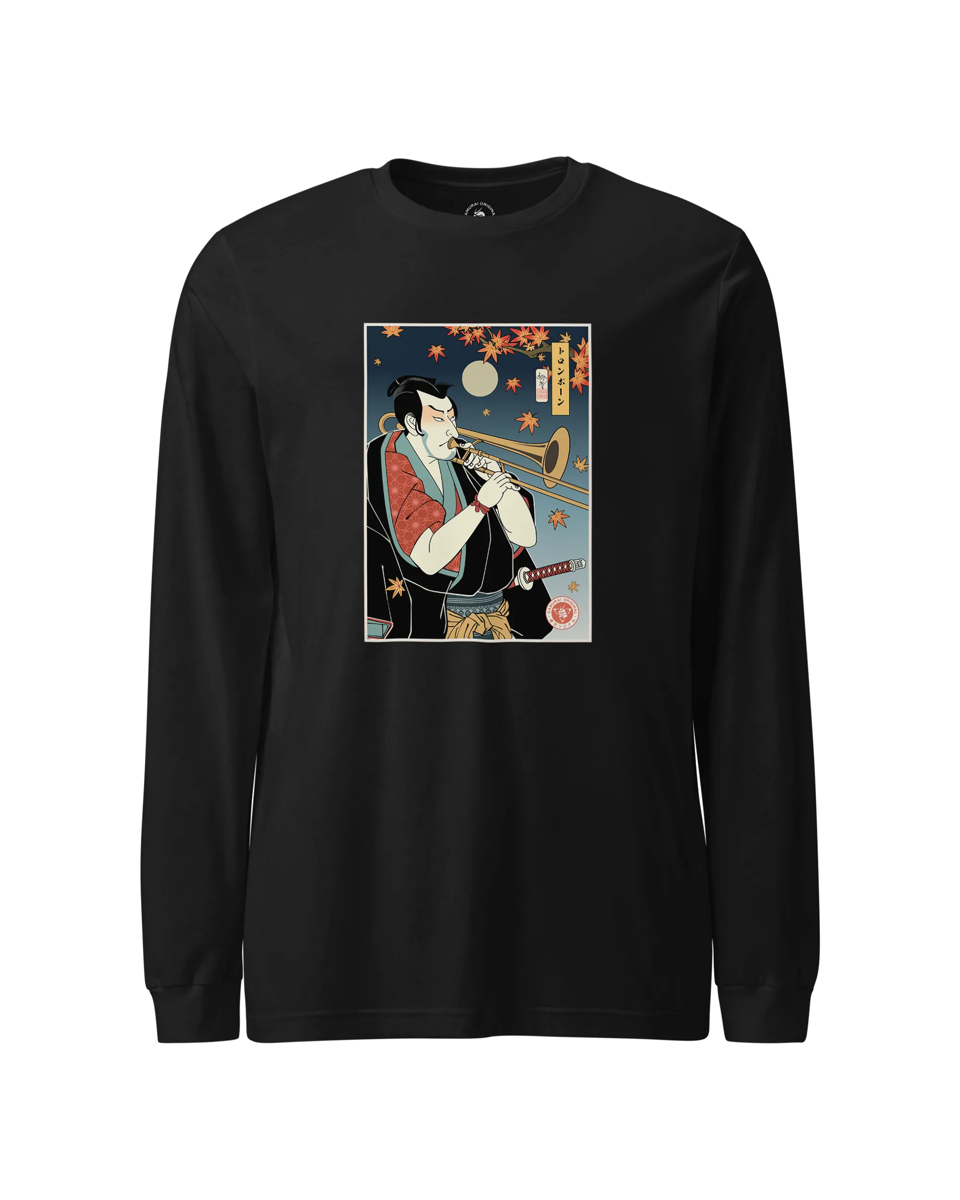 Trombone Samurai Music Ukiyo-e Unisex Long Sleeve Tee Black - Samurai Original