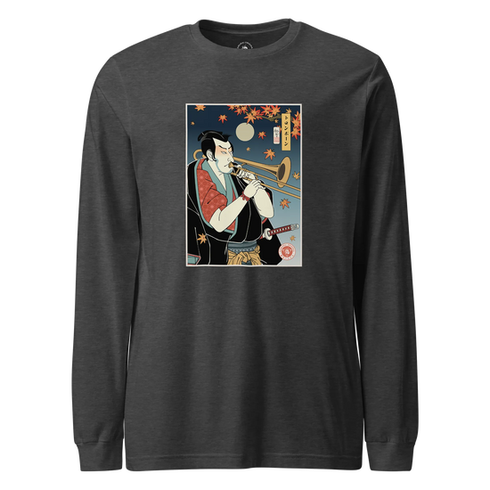 Trombone Samurai Music Ukiyo-e Unisex Long Sleeve Tee Dark Grey Heather - Samurai Original