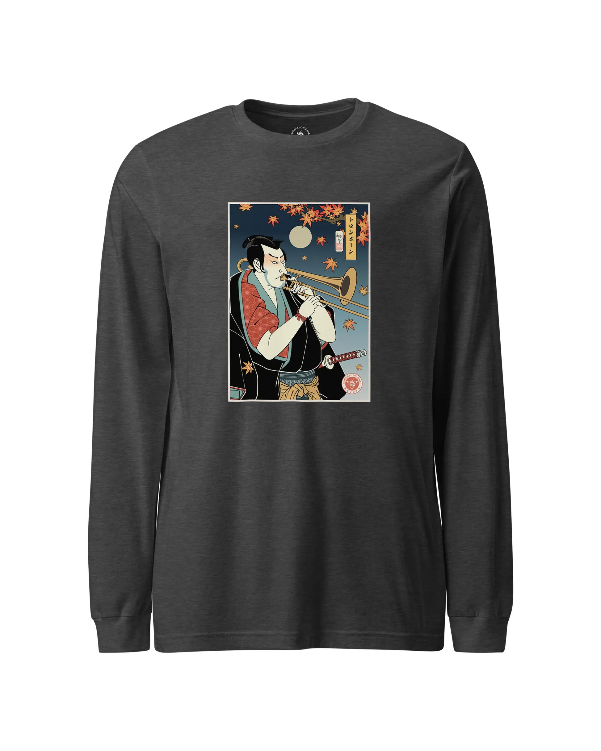 Trombone Samurai Music Ukiyo-e Unisex Long Sleeve Tee Dark Grey Heather - Samurai Original