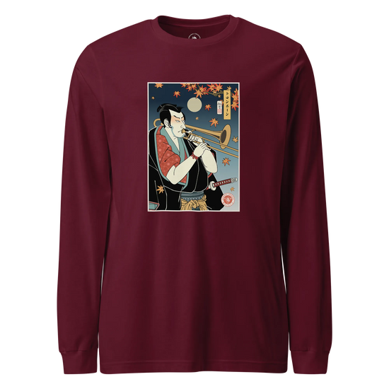 Trombone Samurai Music Ukiyo-e Unisex Long Sleeve Tee Maroon - Samurai Original
