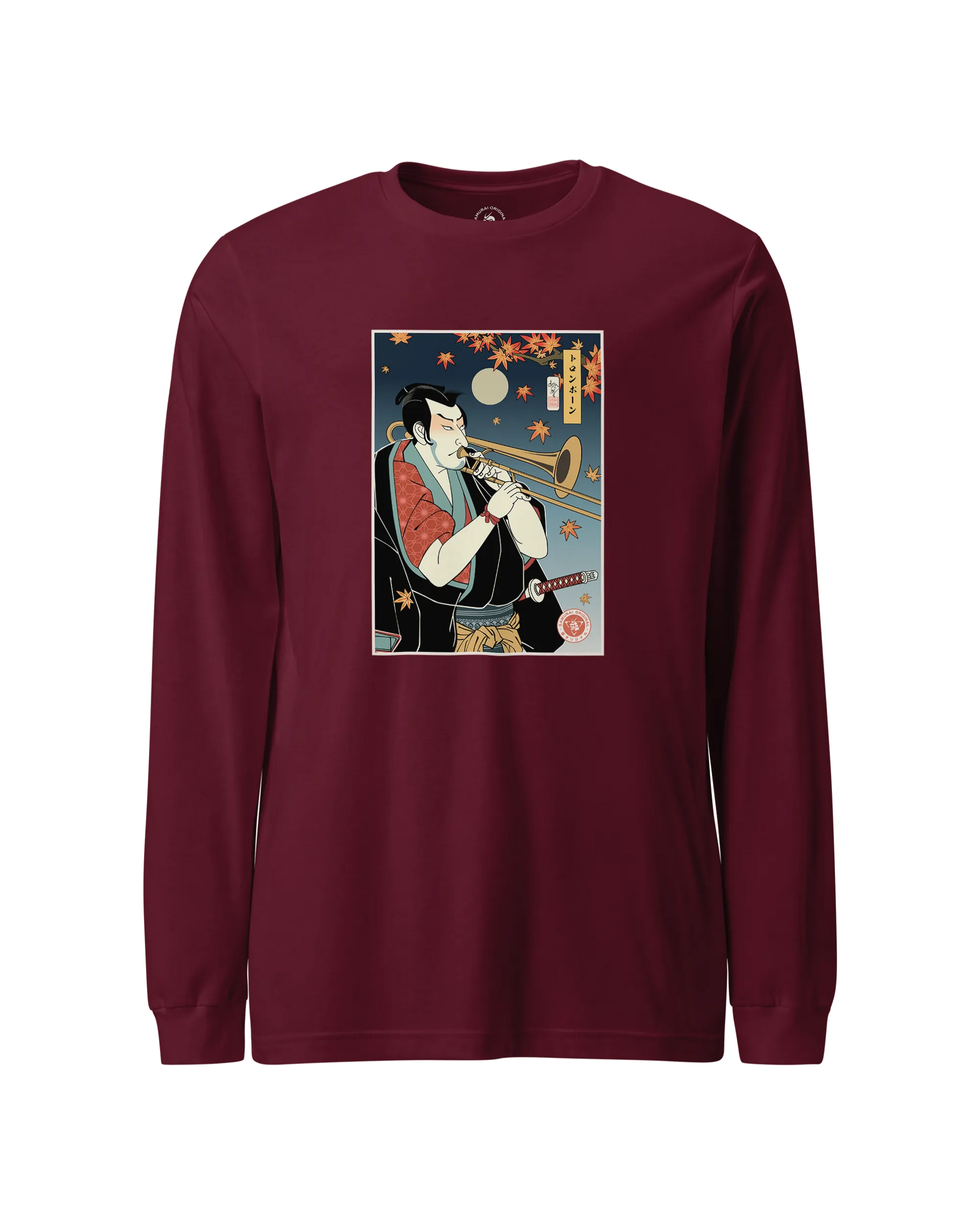 Trombone Samurai Music Ukiyo-e Unisex Long Sleeve Tee Maroon - Samurai Original