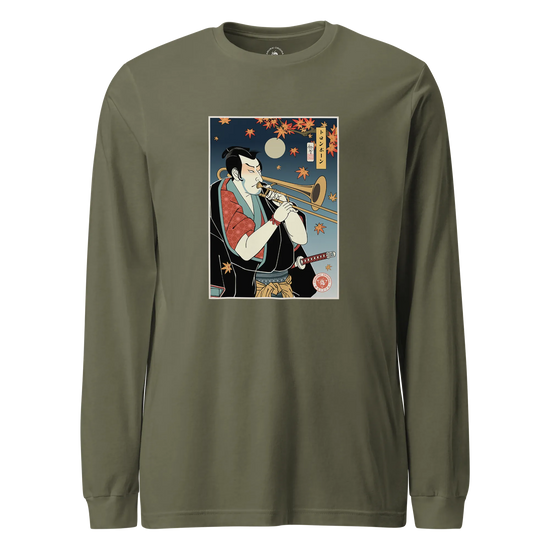Trombone Samurai Music Ukiyo-e Unisex Long Sleeve Tee Military Green - Samurai Original