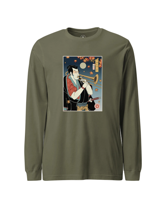 Trombone Samurai Music Ukiyo-e Unisex Long Sleeve Tee Military Green - Samurai Original
