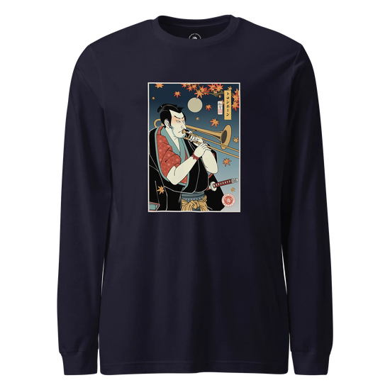 Trombone Samurai Music Ukiyo-e Unisex Long Sleeve Tee Navy - Samurai Original