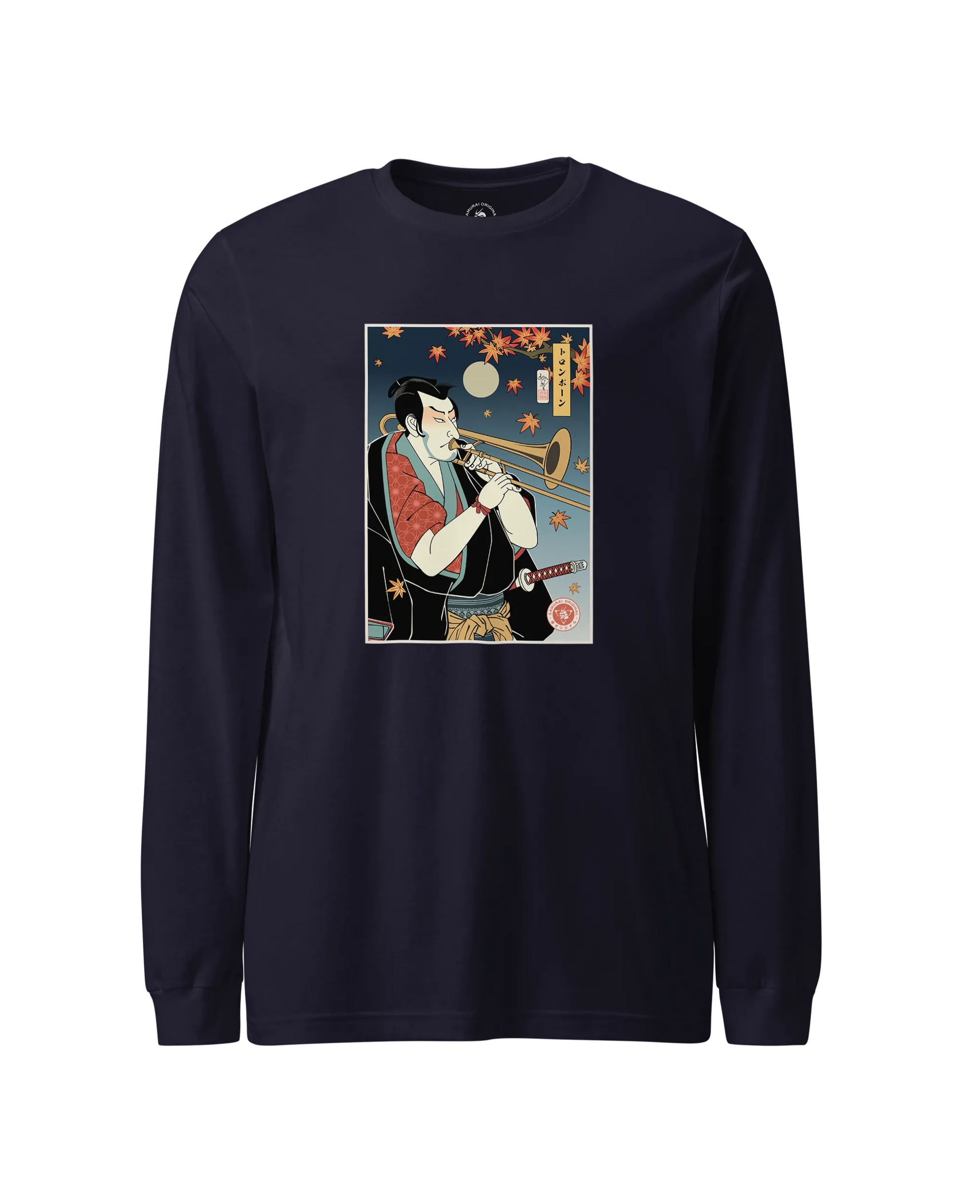 Trombone Samurai Music Ukiyo-e Unisex Long Sleeve Tee Navy - Samurai Original