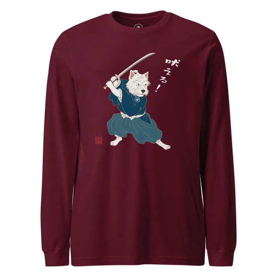 Westie Samurai Japanese Ukiyo-e Unisex Long Sleeve Tee Maroon - Samurai Original