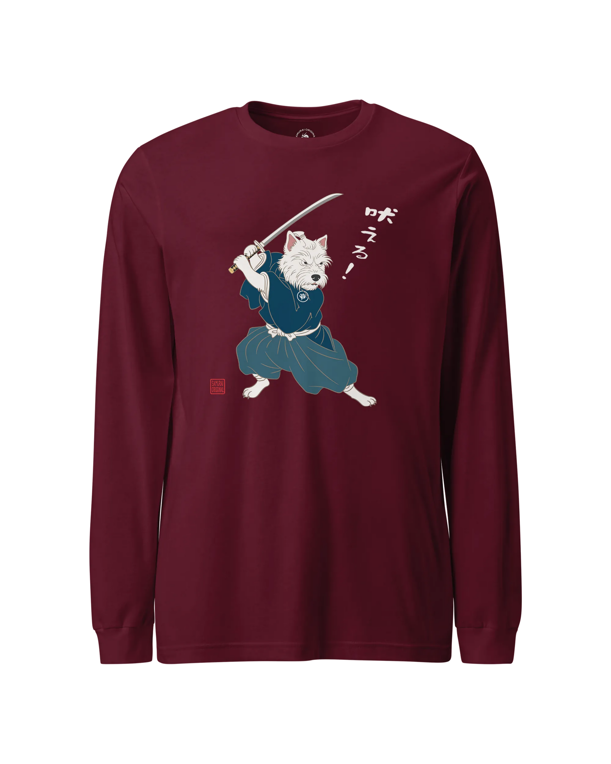 Westie Samurai Japanese Ukiyo-e Unisex Long Sleeve Tee Maroon - Samurai Original