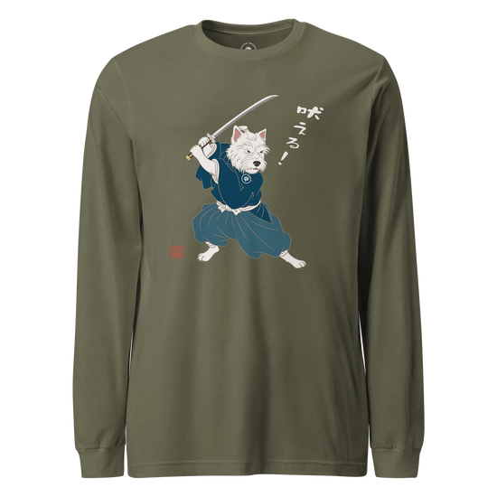 Westie Samurai Japanese Ukiyo-e Unisex Long Sleeve Tee Military Green - Samurai Original