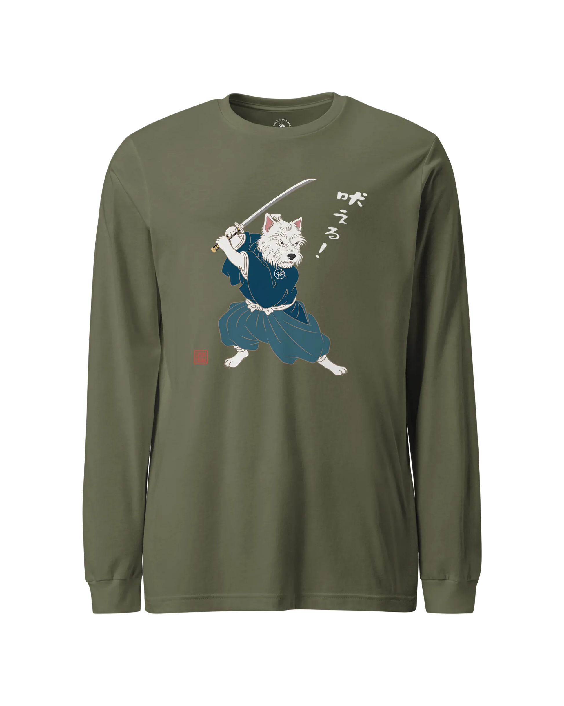Westie Samurai Japanese Ukiyo-e Unisex Long Sleeve Tee Military Green - Samurai Original