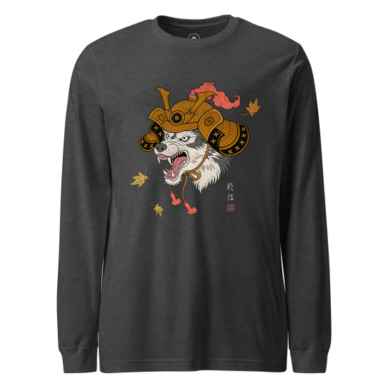 Wolf Samurai Japanese Ukiyo-e Unisex Long Sleeve Tee Dark Grey Heather - Samurai Original